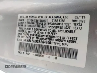 2011 Honda Odyssey Touring with VIN 5FNRL5H92BB049901, listed as a IAAI auction lot 41985224 with 101,957 mi miles and . Bid and sale history available at DreamBid. Image 9.