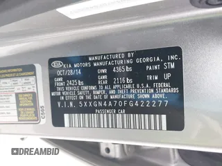 2015 Kia Optima EX with VIN 5XXGN4A70FG422277, listed as a IAAI auction lot 41932887 with 150,386 mi miles. Bid and sale history available at carsss.com. Image 9.