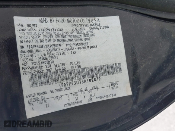 2003 Ford Taurus SE Standard with VIN 1FAFP53U13A102879, listed as a IAAI auction lot 42335795 with 193,023 mi miles and . Bid and sale history available at DreamBid. Image 9.