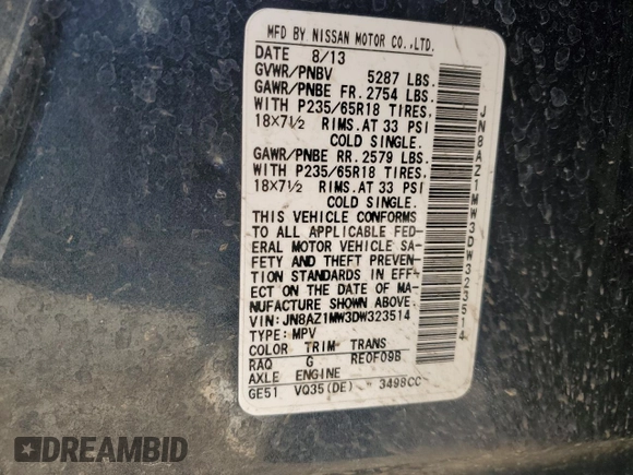 2013 Nissan Murano SV with VIN JN8AZ1MW3DW323514, listed as a Copart auction lot 48353255 with 125,284 mi miles and Salvage Title. Bid and sale history available at carsss.com. Image 15.