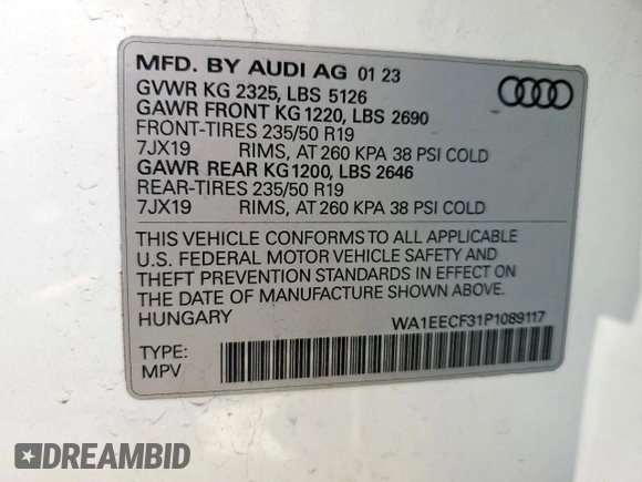 2023 Audi Q3 S line Premium Plus с VIN WA1EECF31P1089117, выставлен на аукционе Copart как лот 57165065 с пробегом 12 589 миль миль и Списание • Salvage title. История ставок и продаж доступна на DreamBid. Изображение 13.