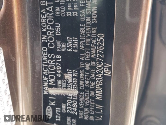 2012 Kia Sportage LX with VIN KNDPB3A20C7276250, listed as a Copart auction lot 61804995 with 112,303 mi miles and Salvage title. Bid and sale history available at DreamBid. Image 14.
