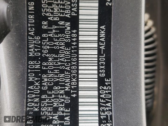 2006 Toyota Avalon XL z VIN 4T1BK36BX6U114484, wystawiony jako Copart lot #55206275 z przebiegiem 179 704 mil mil oraz Szkoda całkowita • Salvage title. Historia ofert i sprzedaży dostępna na DreamBid. Obrazek 12.