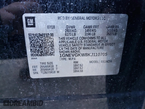 2019 Chevrolet Traverse LT Cloth with VIN 1GNEVGKW8KJ110705, listed as a Copart auction lot 72573574 with 130,665 mi miles and Salvage Title. Bid and sale history available at carsss.com. Image 13.