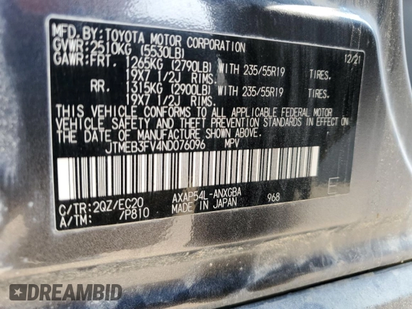 2022 Toyota RAV4 XSE with VIN JTMEB3FV4ND076096, listed as a Copart auction lot 58802695 with 141,543 mi miles and Salvage title. Bid and sale history available at DreamBid. Image 13.