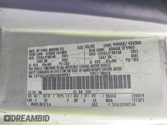 2002 Ford Econoline Cargo with VIN 1FTSS34L82HB09951, listed as a IAAI auction lot 41780751 with 248,483 mi miles and . Bid and sale history available at DreamBid. Image 9.