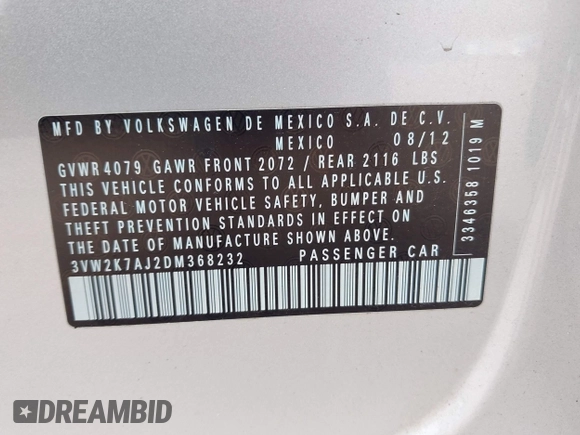2013 Volkswagen Jetta S with VIN 3VW2K7AJ2DM368232, listed as a IAAI auction lot 42491608 with 80,823 mi miles and . Bid and sale history available at DreamBid. Image 9.