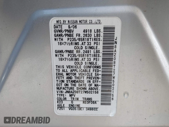 2007 Nissan Murano SL z VIN JN8AZ08T27W502156, wystawiony jako IAAI lot #42346261 z przebiegiem 140 730 mil mil oraz . Historia ofert i sprzedaży dostępna na DreamBid. Obrazek 9.