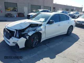 2021 Infiniti Q50 Red Sport 400 with VIN JN1FV7DR9MM880601, listed as a IAAI auction lot 42509477 with 28,202 mi miles and . Bid and sale history available at DreamBid. Image 19.