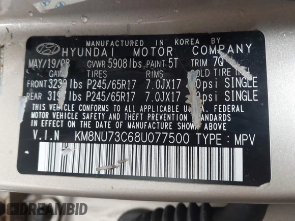 2008 Hyundai Veracruz GLS z VIN KM8NU73C68U077500, wystawiony jako IAAI lot #42341817 z przebiegiem 257 351 mil mil oraz . Historia ofert i sprzedaży dostępna na DreamBid. Obrazek 9.