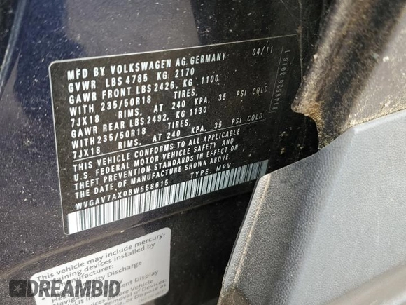2011 Volkswagen Tiguan S with VIN WVGAV7AX0BW558615, listed as a Copart auction lot 51832635 with Not provided miles and Clean title. Bid and sale history available at DreamBid. Image 13.