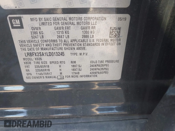2020 Buick Envision Essence with VIN LRBFX2SA1LD013245, listed as a IAAI auction lot 41752415 with 45,908 mi miles and . Bid and sale history available at DreamBid. Image 9.