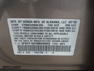 2008 Honda Pilot VP with VIN 5FNYF18248B046859, listed as a IAAI auction lot 41738896 with 524,762 mi miles. Bid and sale history available at carsss.com. Image 9.