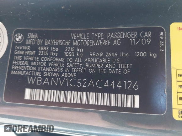 2010 BMW 5 Series 528i xDrive with VIN WBANV1C52AC444126, listed as a IAAI auction lot 41871932 with 96,322 mi miles and . Bid and sale history available at carsss.com. Image 9.