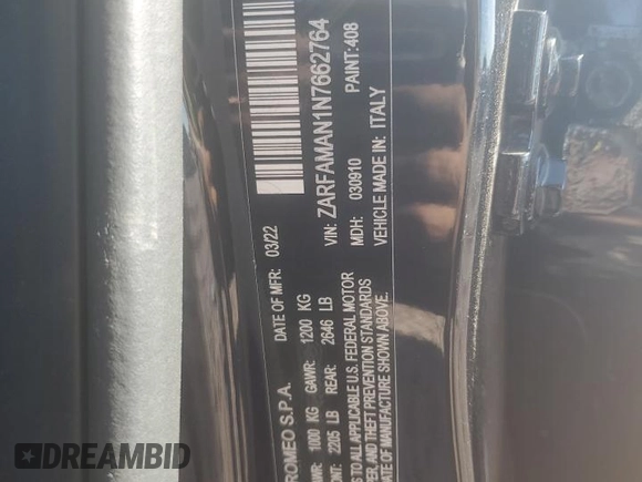 2022 Alfa Romeo Giulia with VIN ZARFAMAN1N7662764, listed as a Copart auction lot 73142704 with Not provided miles and Salvage title. Bid and sale history available at DreamBid. Image 14.