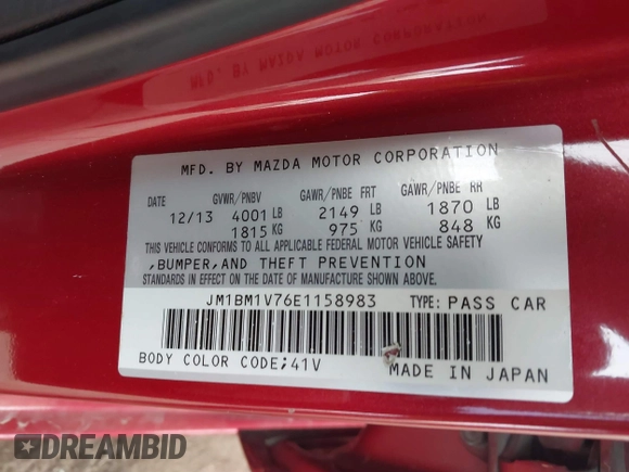 2014 Mazda 3 i Touring with VIN JM1BM1V76E1158983, listed as a IAAI auction lot 41612119 with 160,136 mi miles and . Bid and sale history available at DreamBid. Image 9.