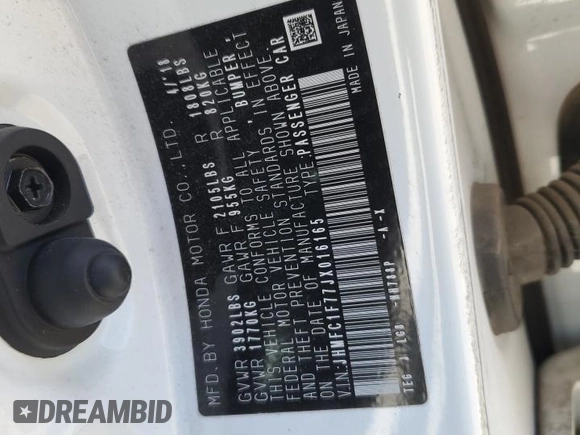2018 Honda Civic EX-L z VIN JHMFC1F77JX016165, wystawiony jako Copart lot #56885445 z przebiegiem Nie podano mil oraz Szkoda całkowita • Salvage title. Historia ofert i sprzedaży dostępna na DreamBid. Obrazek 12.