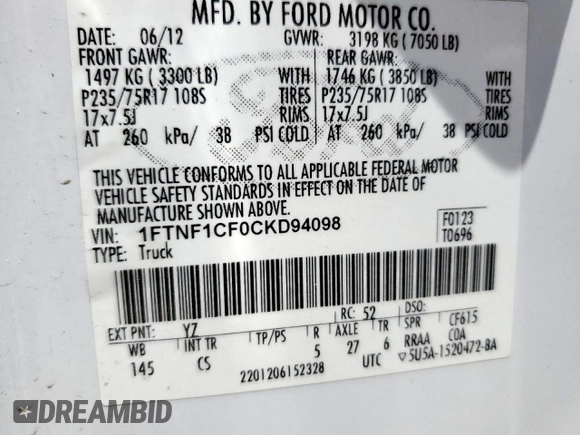 2012 Ford F-150 XL with VIN 1FTNF1CF0CKD94098, listed as a Copart auction lot 58035235 with 169,584 mi miles and Salvage title. Bid and sale history available at DreamBid. Image 12.