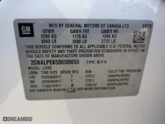 2013 Chevrolet Equinox LT with VIN 2GNALPEK5D6308655, listed as a Copart auction lot 46667445 with 99,265 mi miles and Salvage Title. Bid and sale history available at carsss.com. Image 12.
