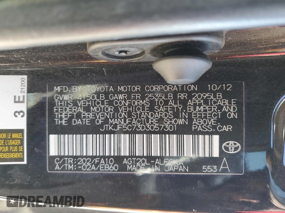 2013 Scion tC with VIN JTKJF5C73D3057301, listed as a Copart auction lot 50015625 with 143,306 mi miles and Salvage Title. Bid and sale history available at carsss.com. Image 12.