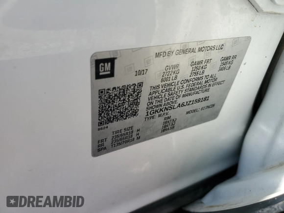 2018 GMC Acadia SLE with VIN 1GKKNSLA6JZ159181, listed as a Copart auction lot 45925715 with 59,537 mi miles and Salvage Title. Bid and sale history available at DreamBid. Image 13.