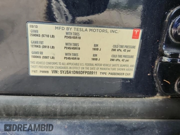 2013 Tesla Model S z VIN 5YJSA1DN6DFP08911, wystawiony jako Copart lot #60751295 z przebiegiem Nie podano mil oraz Czysty tytuł • Clean title. Historia ofert i sprzedaży dostępna na DreamBid. Obrazek 12.