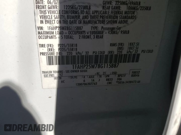 2008 Ford Taurus Limited with VIN 1FAHP25W78G115887, listed as a Copart auction lot 75066464 with 180,479 mi miles and Salvage Title. Bid and sale history available at carsss.com. Image 12.