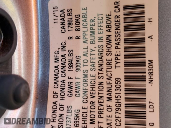2016 Honda Civic EX with VIN 2HGFC2F79GH513059, listed as a Copart auction lot 42170995 with 84,613 mi miles and Salvage Title. Bid and sale history available at DreamBid. Image 12.