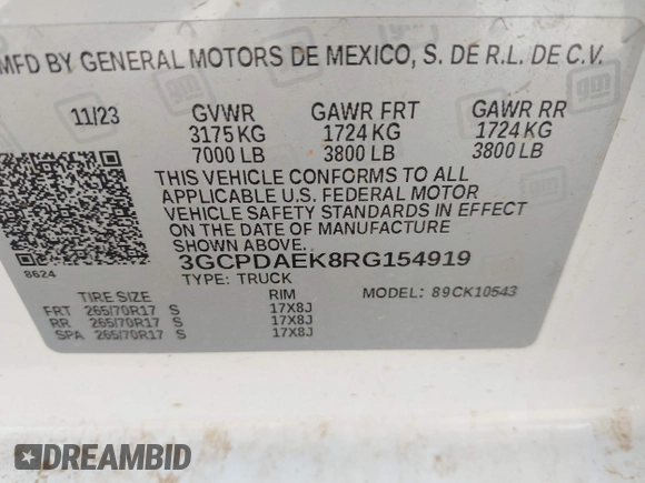 2024 Chevrolet Silverado 1500 with VIN 3GCPDAEK8RG154919, listed as a IAAI auction lot 40178946 with 2,911 mi miles and . Bid and sale history available at DreamBid. Image 9.