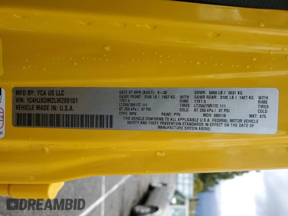 2020 Jeep Wrangler Unlimited Sport with VIN 1C4HJXDM2LW289101, listed as a Copart auction lot 48896365 with 52,536 mi miles and Salvage title. Bid and sale history available at DreamBid. Image 14.