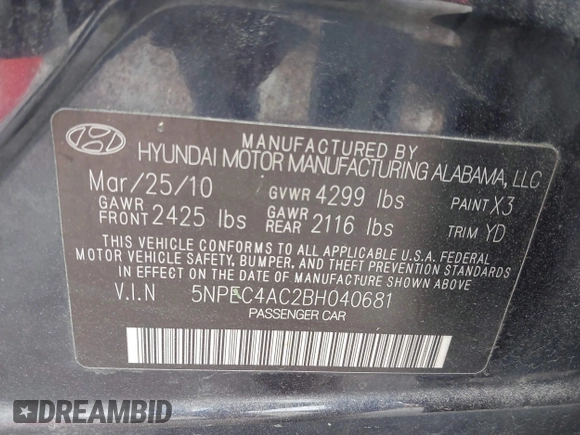 2011 Hyundai Sonata Limited with VIN 5NPEC4AC2BH040681, listed as a IAAI auction lot 42064785 with 270,773 mi miles and . Bid and sale history available at DreamBid. Image 9.