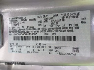 2016 Ford Escape SE with VIN 1FMCU0G96GUA99637, listed as a IAAI auction lot 41851586 with 61,143 mi miles. Bid and sale history available at carsss.com. Image 9.