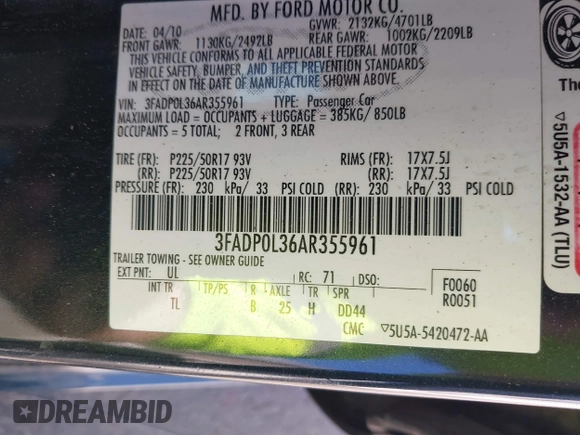 2010 Ford Fusion Hybrid with VIN 3FADP0L36AR355961, listed as a IAAI auction lot 42217637 with 256,817 mi miles and . Bid and sale history available at DreamBid. Image 9.