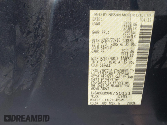2015 Nissan Frontier SV with VIN 1N6AD0ER9FN750151, listed as a IAAI auction lot 41427924 with 143,915 mi miles and . Bid and sale history available at DreamBid. Image 9.