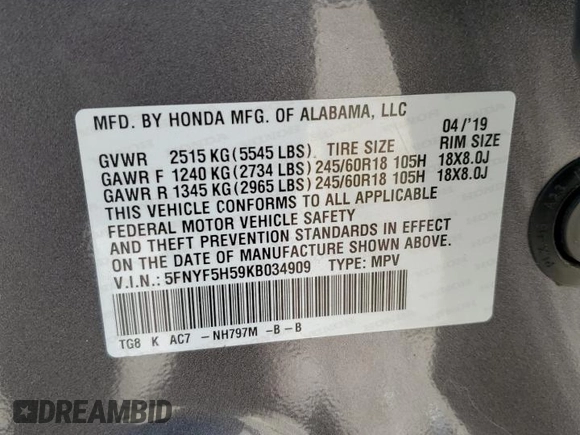 2019 Honda Pilot EX-L z VIN 5FNYF5H59KB034909, wystawiony jako Copart lot #53356095 z przebiegiem 68 331 mil mil oraz Szkoda całkowita • Salvage title. Historia ofert i sprzedaży dostępna na DreamBid. Obrazek 14.