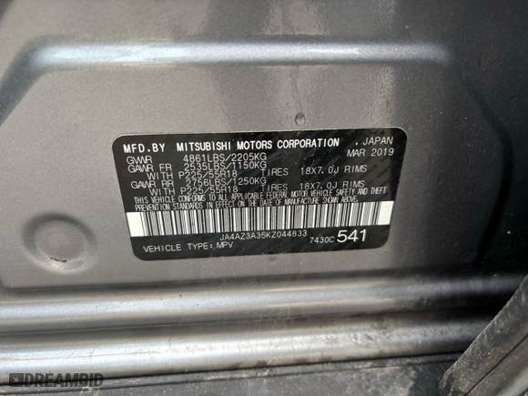2019 Mitsubishi Outlander ES with VIN JA4AZ3A35KZ044833, listed as a Copart auction lot 52434115 with 125,810 mi miles and Clean Title. Bid and sale history available at carsss.com. Image 10.