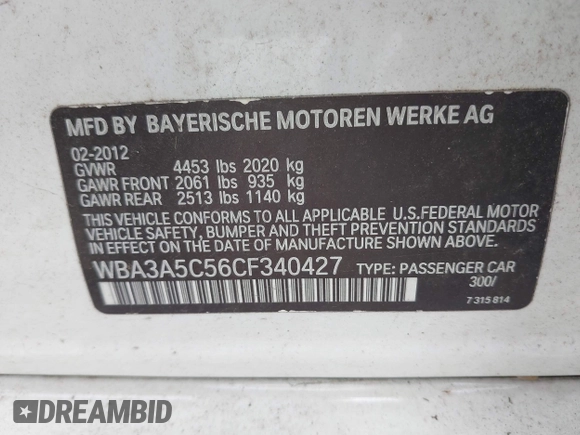 2012 BMW 3 Series 328i with VIN WBA3A5C56CF340427, listed as a IAAI auction lot 42246689 with 149,419 mi miles and . Bid and sale history available at DreamBid. Image 9.