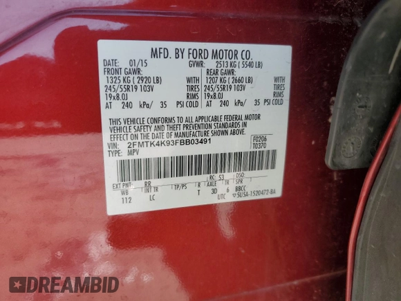 2015 Ford Edge Titanium with VIN 2FMTK4K93FBB03491, listed as a Copart auction lot 54075365 with 94,095 mi miles and Salvage Title. Bid and sale history available at carsss.com. Image 13.