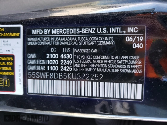 2019 Mercedes-Benz C 300 with VIN 55SWF8DB5KU322252, listed as a Copart auction lot 46503745 with 49,375 mi miles and Salvage Title. Bid and sale history available at DreamBid. Image 15.