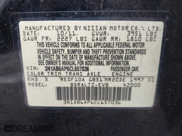 2012 Nissan Sentra S with VIN 3N1AB6AP6CL657036, listed as a IAAI auction lot 41534060 with 147,070 mi miles and . Bid and sale history available at DreamBid. Image 9.