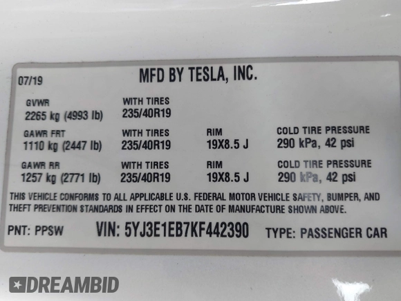 2019 Tesla Model 3 Long Range with VIN 5YJ3E1EB7KF442390, listed as a IAAI auction lot 41700122 with 65,539 mi miles. Bid and sale history available at carsss.com. Image 9.