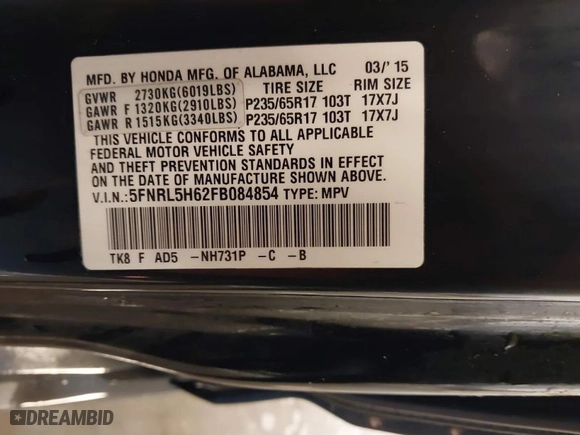 2015 Honda Odyssey EX-L with VIN 5FNRL5H62FB084854, listed as a IAAI auction lot 40959162 with 178,237 mi miles. Bid and sale history available at carsss.com. Image 9.