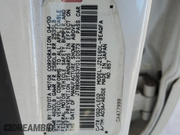 2000 Lexus GS 300 with VIN JT8BD68S3Y0110573, listed as a Copart auction lot 53549305 with 200,626 mi miles and Salvage Title. Bid and sale history available at DreamBid. Image 12.