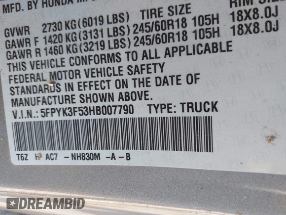 2017 Honda Ridgeline RTL with VIN 5FPYK3F53HB007790, listed as a IAAI auction lot 42060848 with 84,494 mi miles and . Bid and sale history available at DreamBid. Image 9.