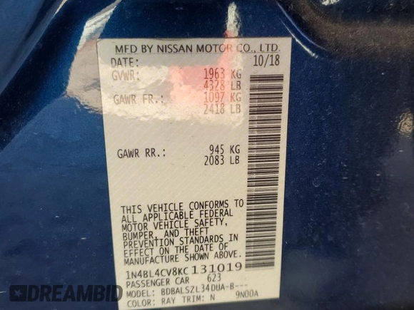2019 Nissan Altima SR with VIN 1N4BL4CV8KC131019, listed as a Copart auction lot 43117245 with 132,327 mi miles and Salvage Title. Bid and sale history available at carsss.com. Image 12.