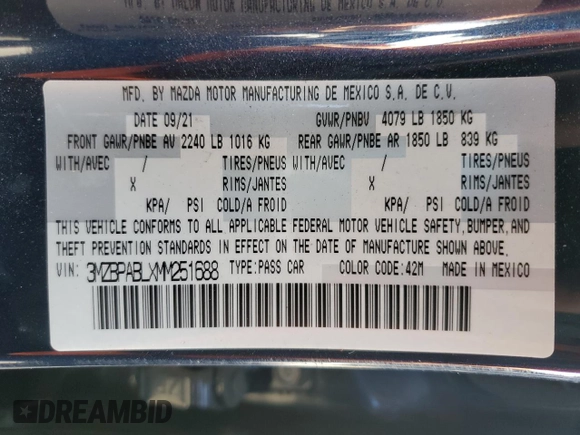 2021 Mazda 3 Select with VIN 3MZBPABLXMM251688, listed as a Copart auction lot 85704604 with 51,866 mi miles and Salvage title. Bid and sale history available at DreamBid. Image 12.