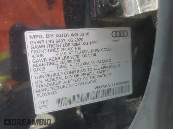 2018 Audi Q7 Premium with VIN WA1AHAF74JD035006, listed as a Copart auction lot 61036295 with 202,581 mi miles and Clean title. Bid and sale history available at DreamBid. Image 12.