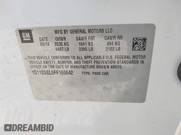 2015 Chevrolet Malibu LT with VIN 1G11C5SL6FF160642, listed as a IAAI auction lot 42060061 with 92,059 mi miles and . Bid and sale history available at DreamBid. Image 9.