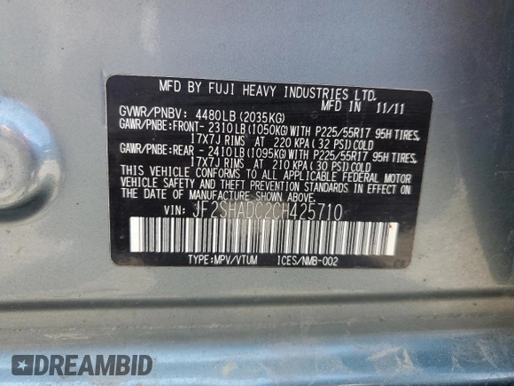 2012 Subaru Forester X Premium with VIN JF2SHADC2CH425710, listed as a Copart auction lot 58786535 with 100,424 mi miles and Salvage title. Bid and sale history available at DreamBid. Image 14.
