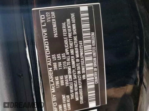 2023 McLaren GT z VIN SBM22GCA3PW002548, wystawiony jako Copart lot #52157855 z przebiegiem 779 mil mil oraz Szkody całkowita. Historia ofert i sprzedaży dostępna na DreamBid. Obrazek 2.